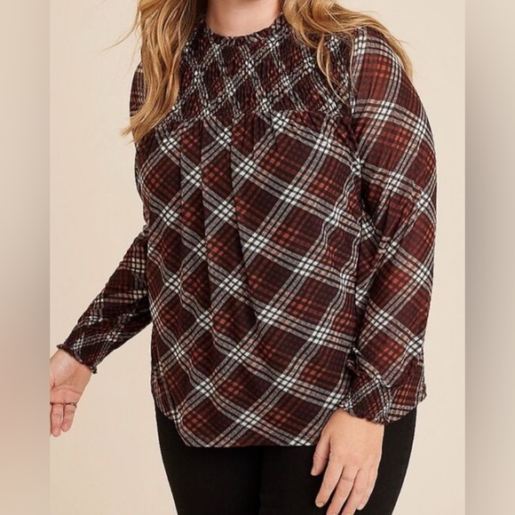 Maurices Tops - Maurice’s melody mesh plaid long sleeve high neck blouse sz 1X flowy career offi